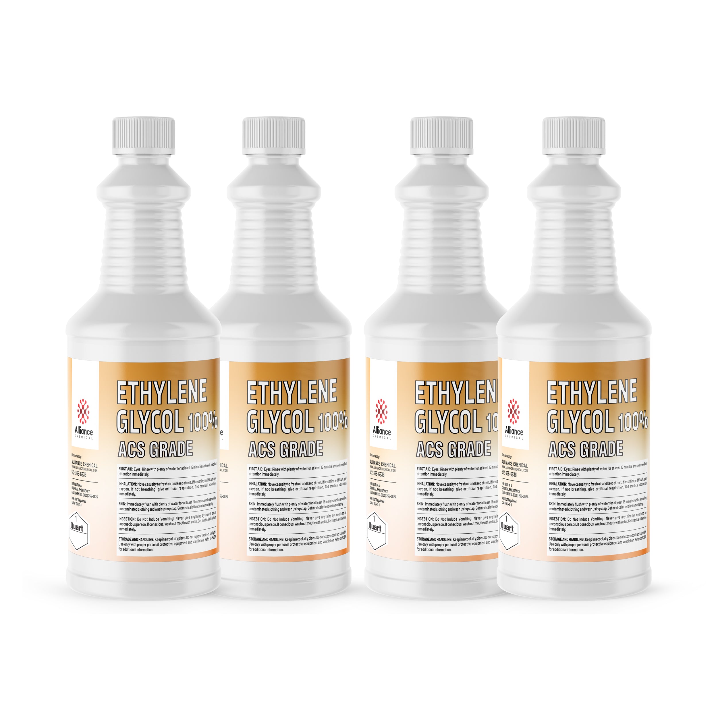 4x1 quart bottles of 100% Ethylene Glycol ACS Grade in white HDPE containers with Alliance Chemical branding, safety warnings and lab-grade specifications.